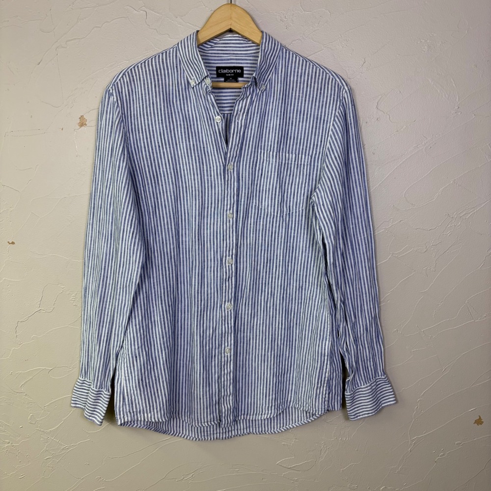 Claiborne Linen Shirt Mens Medium Blue White Striped Slim Fit Button Down Preppy